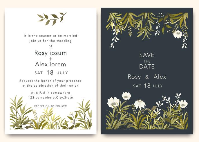 Las invitaciones de boda guardan el diseño de la tarjeta de fecha con una elegante anémona de jardín. vector