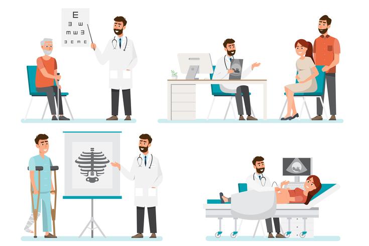 Set of doctor and patients cartoon characters vector