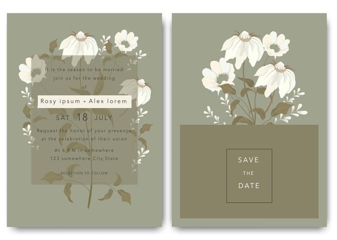 Las invitaciones de boda guardan el diseño de la tarjeta de fecha con una elegante anémona de jardín. vector