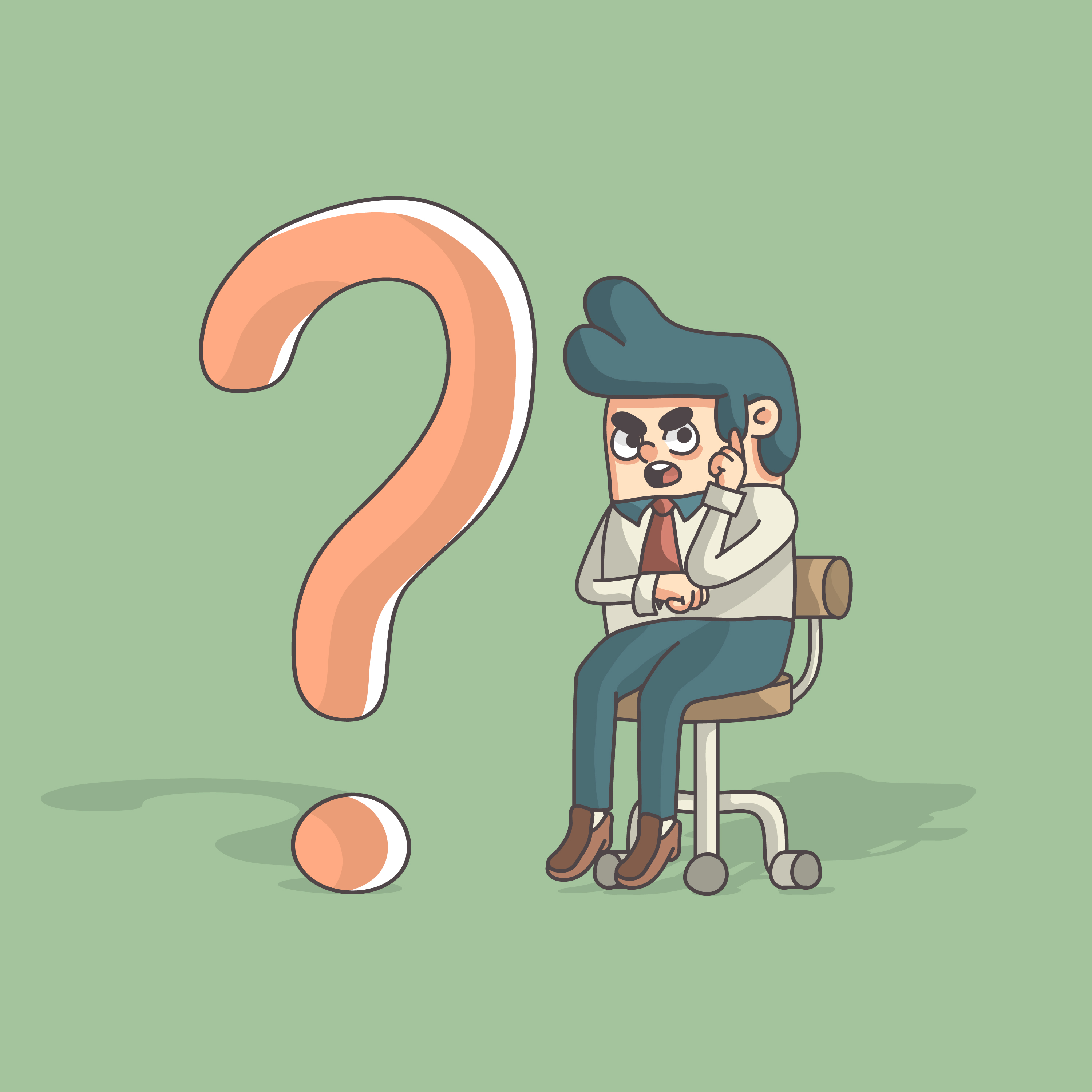 cartoon business man thinking while sitting beside question mark 676468  Vector Art at Vecteezy