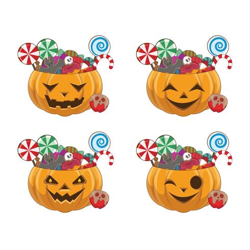 Set of Halloween pumpkins with four different faces filled with sweets vector