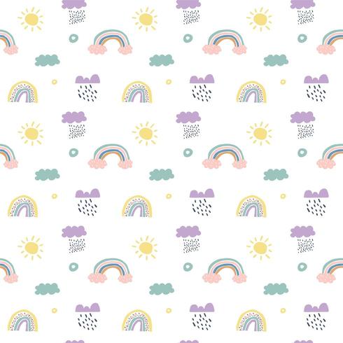 Children vector scandinavian seamless pattern clouds, rain, sun and rainbow