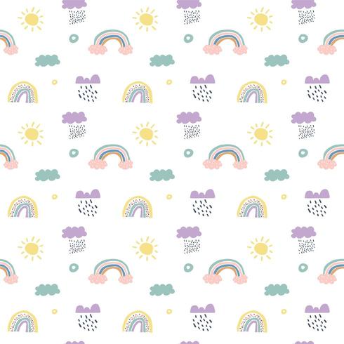 Children vector scandinavian seamless pattern clouds, rain, sun and rainbow