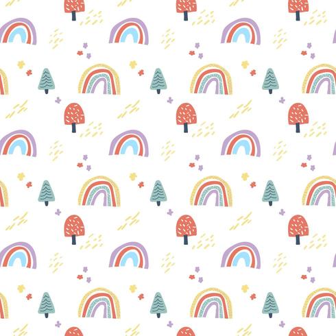 Vector scandinavian seamless pattern clouds, rain, sun and rainbow. 