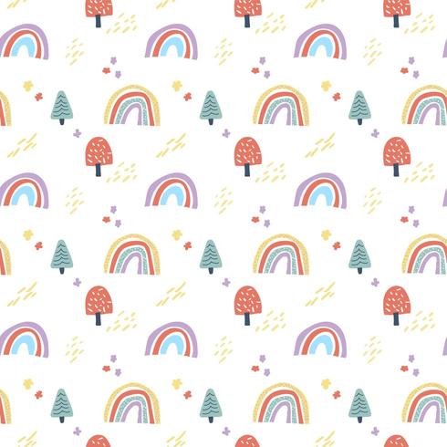 Vector scandinavian seamless pattern clouds, rain, sun and rainbow. 