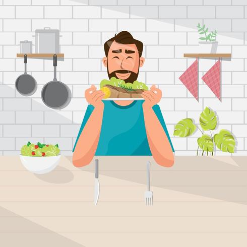 El hombre está comiendo ensalada y carne vector