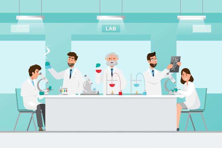 Científicos hombres y mujeres investigan en un laboratorio de laboratorio. vector