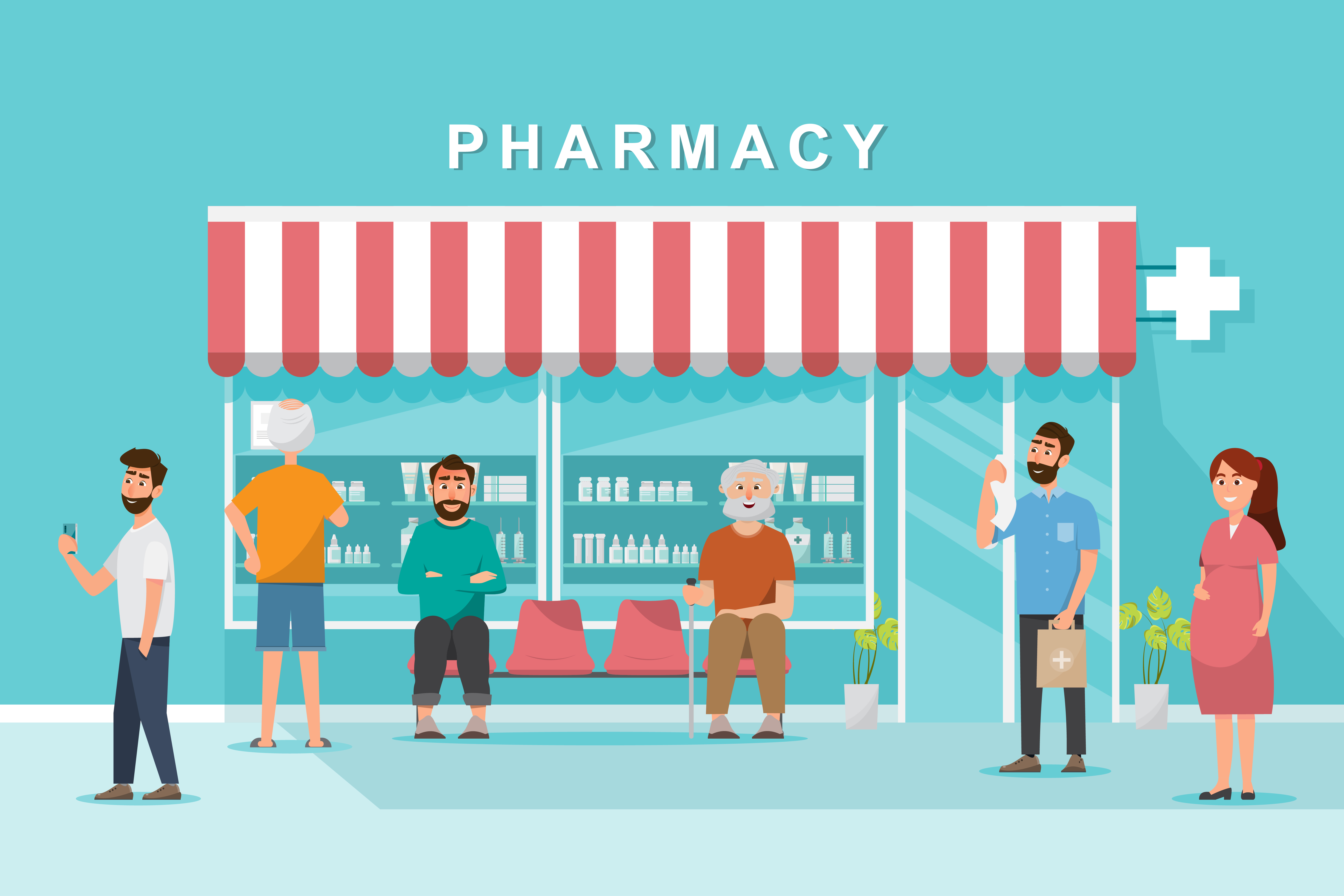 pharmacy store with clients in the city 676778 Vector Art at Vecteezy