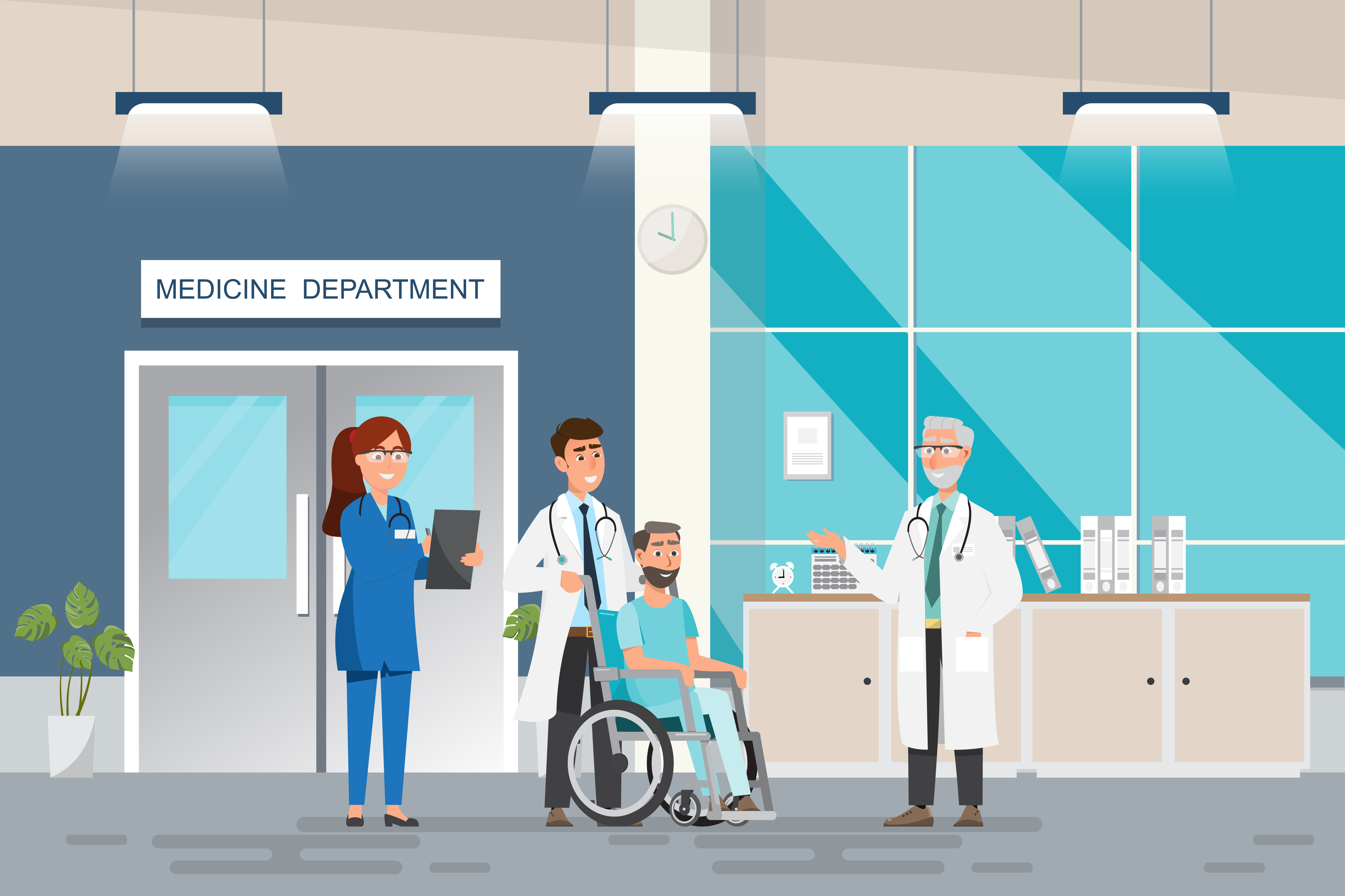 Medical concept with doctor and patients in flat cartoon at hospital hall  676792 Vector Art at Vecteezy