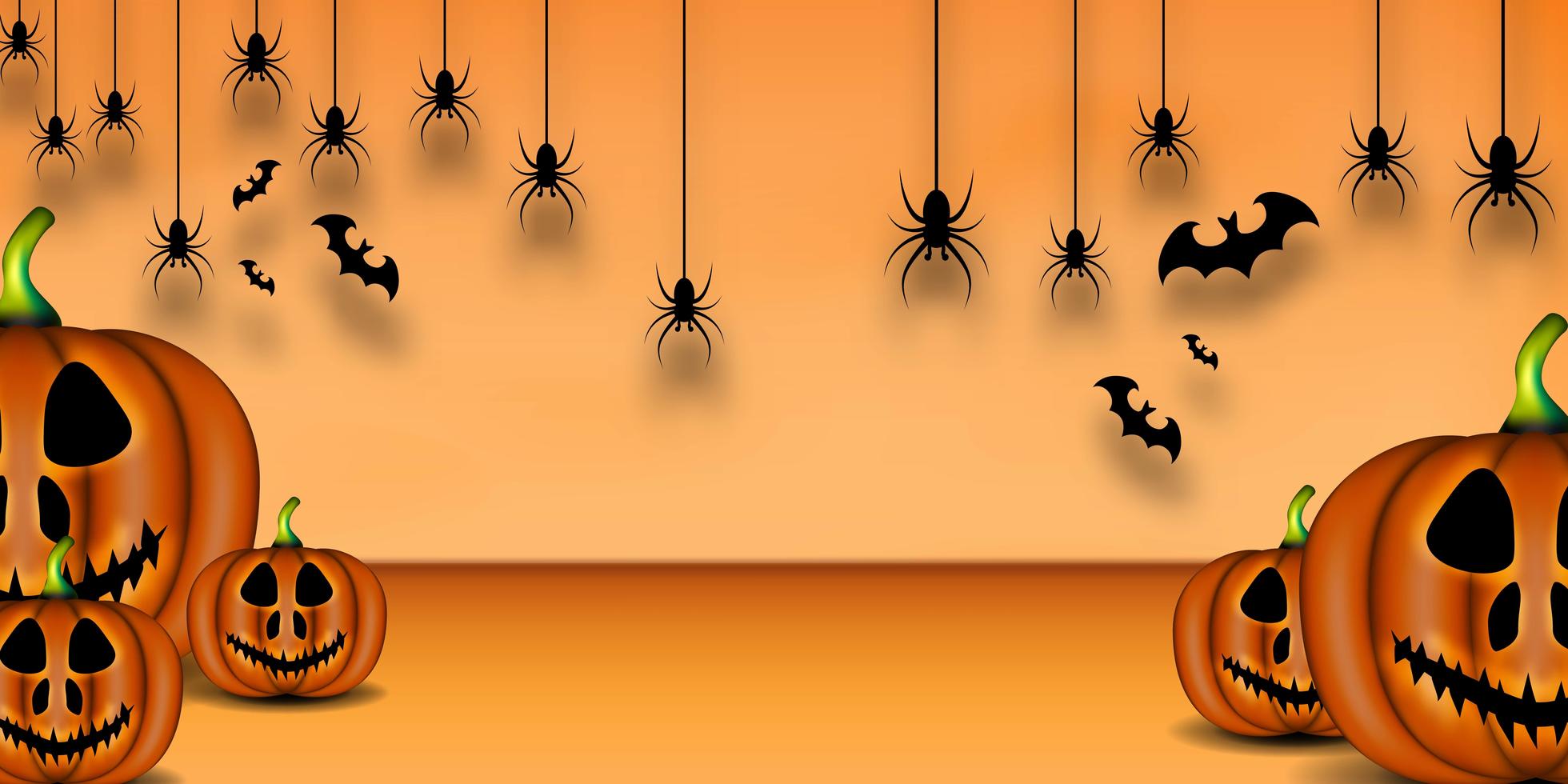 Happy Halloween Background Pumpkin Bat And Spider Vector Art At Vecteezy