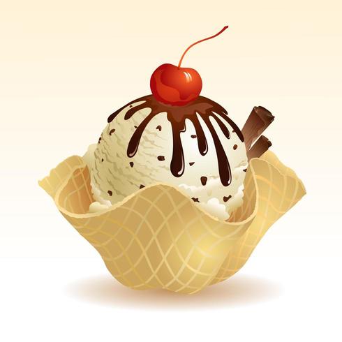 Helado de vainilla con chispas de chocolate con cesta de gofres vector