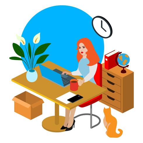 Isometric office worker flat illustration. Beautiful young character working. Online business. Business people concept. Education. Woman at work. vector