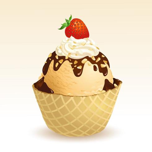 Vanilla ice cream with waffle basket vector