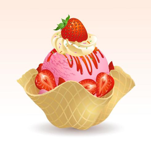 Strawberry ice cream with waffle basket vector