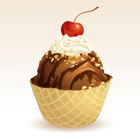 Helado de chocolate con cesta de gofres vector