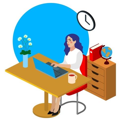 Isometric office worker flat illustration. Beautiful young character working.