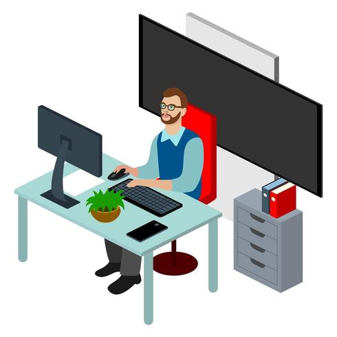 Isometric office worker flat illustration. Beautiful young character working. vector