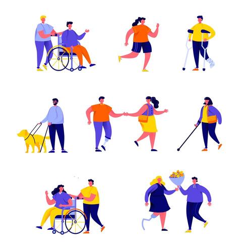 Set of flat disabled people with their partners  vector