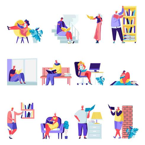 Set of flat people reading books around the house  vector