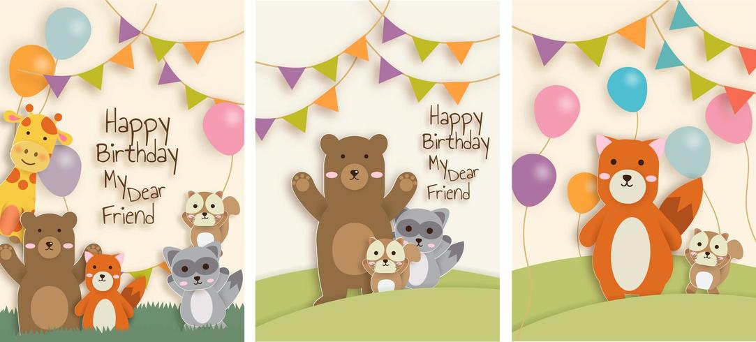 Set of animal birthday cards vector