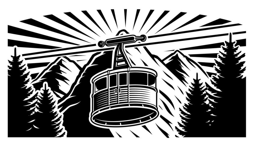 Funicular vintage y montañas en blanco y negro vector