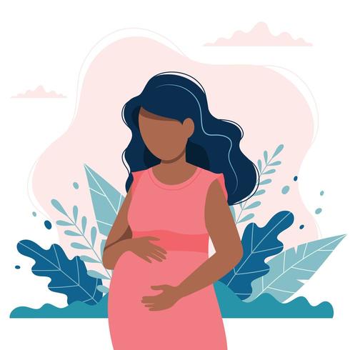 Pregnant woman with nature and leaves background vector