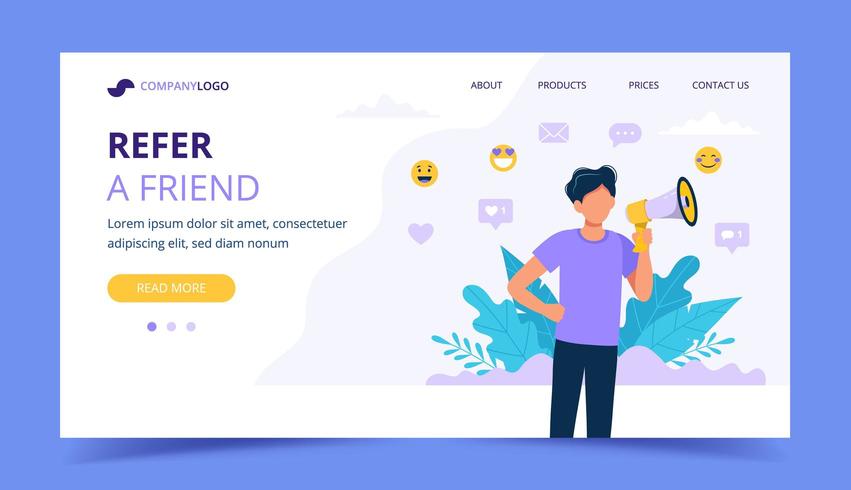 Refer a friend landing page with man holding megaphone vector