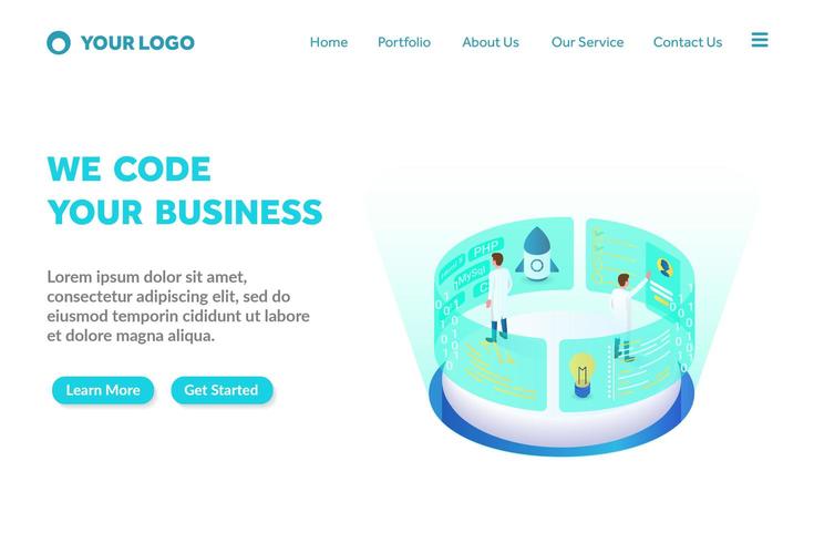 programming and coding isometric landing page template vector