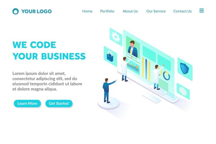 programming and coding isometric landing page template vector