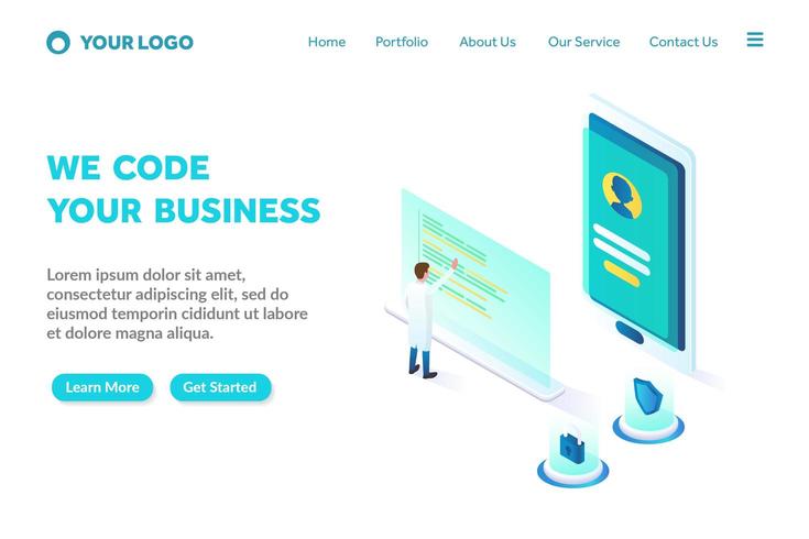 programming and coding isometric landing page template vector