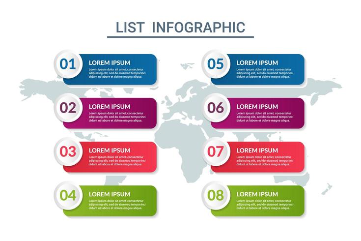 lista de diseño infográfico con fondo de mapa mundial vector