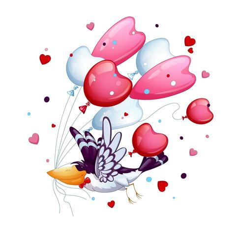 Divertido pájaro con una corbata mariposa vuela con un montón de globos vector