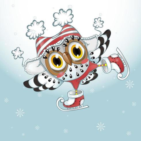 Owl with striped hat ice skating  vector