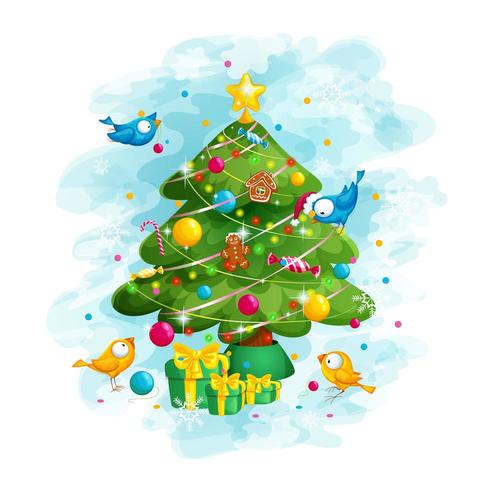 Divertidos pájaros decoran el árbol de Navidad vector