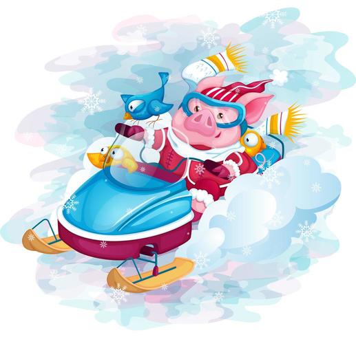 Piglet with birds riding a snowmobile  vector