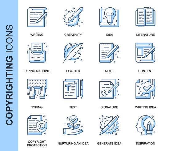 Conjunto de iconos relacionados con derechos de autor de línea delgada azul vector