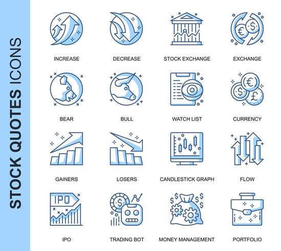 Blue Thin Line Stock Quotes Related Icons Set vector