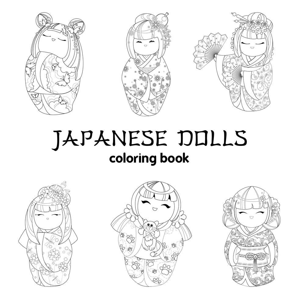 Set for coloring six Japanese princess dolls 677889 Vector Art at Vecteezy