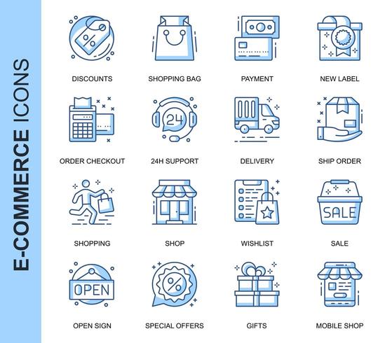Blue Thin Line E-Commerce Related Icons Set  vector