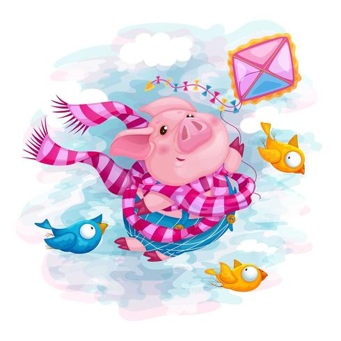 A piglet with friends birds flies on a kite  vector