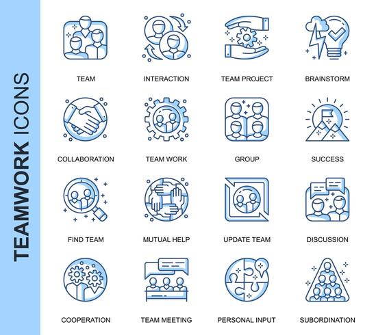 Blue Thin Line Teamwork Related  Icons Set vector