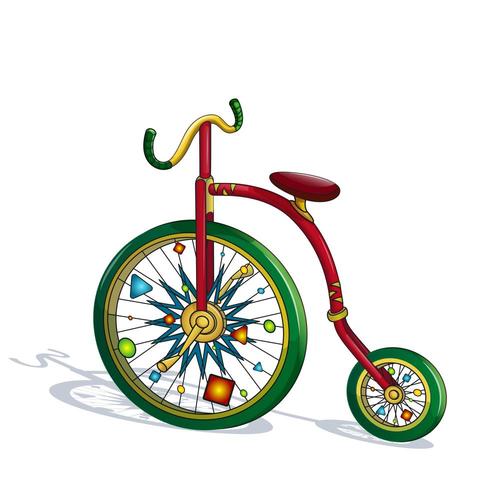 Bright, colorful circus bike with funny decorations on wheels vector