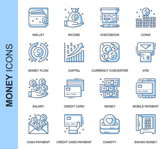 Blue Thin Line Money Related Icons Set  vector