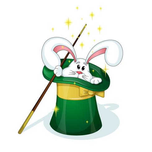 A cute white rabbit looks out from the green hat of the magician vector