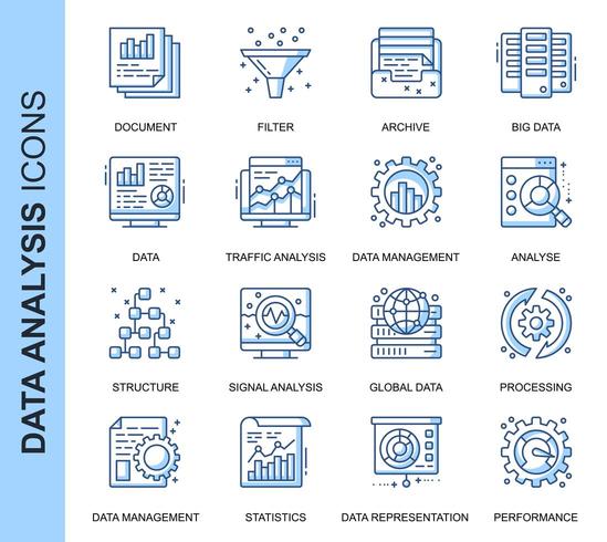 Conjunto de iconos relacionados con análisis de datos de línea delgada azul vector