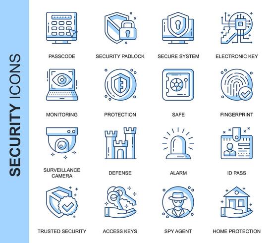 Blue Thin Line Security Related Icons Set vector