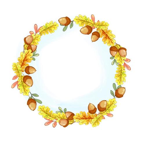 A wreath of yellow autumn oak leaves and acorns vector