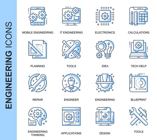 Conjunto de iconos relacionados con ingeniería de línea delgada azul vector