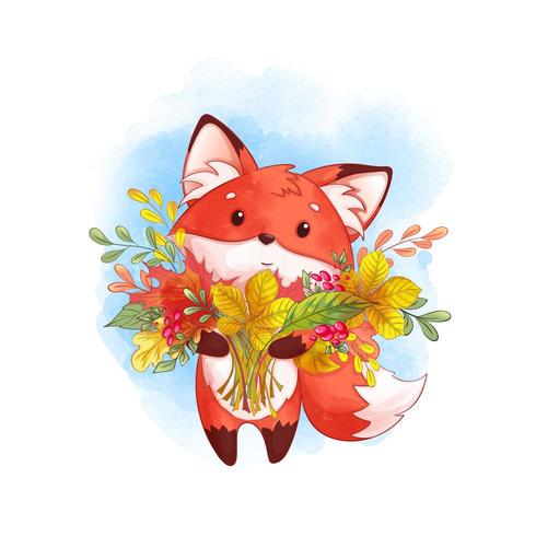 fox with a large bouquet of fallen leaves vector