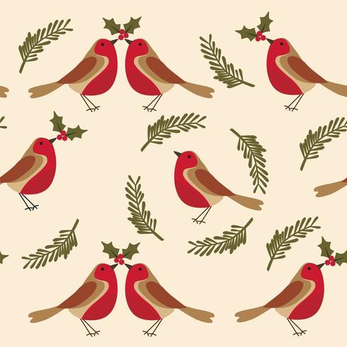 Seamless pattern with Robin bird and holly berries vector